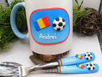 Set cană/tacâmuri personalizate "Fotbal" - Tinna Handmade