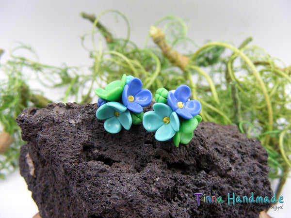 Cercei Trei Floricele | verde, albastru - Tinna Handmade