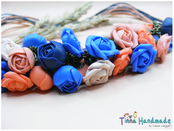 Colier "Blue and Orange Roses" - Tinna Handmade