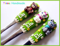 Set tacâmuri personalizate "Animăluțe" | Ursuleț, pisicuță și cățel - Tinna Handmade