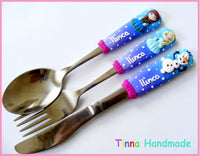 Set 3 tacâmuri personalizate Frozen/Regatul de gheață - albastru - Tinna Handmade