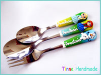 Set 3 tacâmuri personalizate Frozen/Regatul de gheață - fond galben/verde/albastru - Tinna Handmade