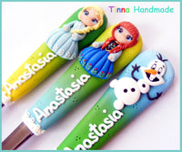 Set 3 tacâmuri personalizate Frozen/Regatul de gheață - fond galben/verde/albastru - Tinna Handmade