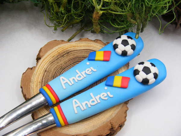Set cană/tacâmuri personalizate "Fotbal" - Tinna Handmade