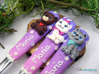 Set tacâmuri personalizate "Animăluțe" | Ursuleț, pisicuță și cățel - Tinna Handmade